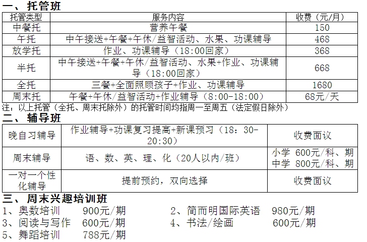 启航托管辅导中心服务项目收费标准